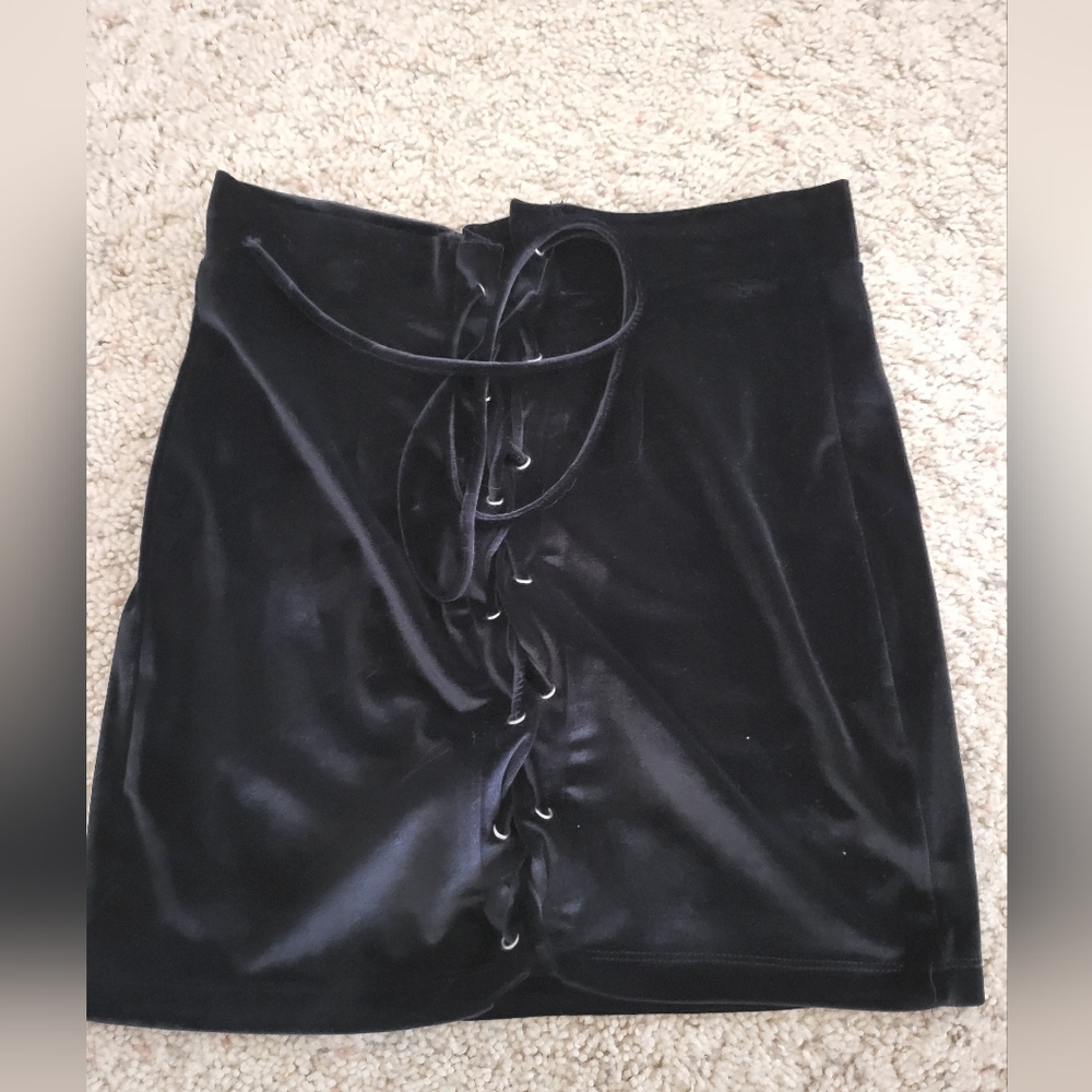 Black velvet lace up mini skirt